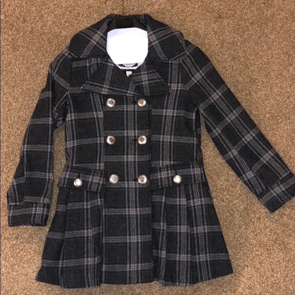 Double breasted gray plaid pea coat